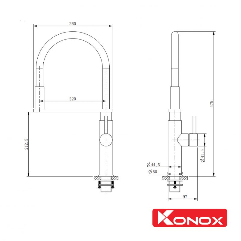 Kích thước vòi rửa bát Konox