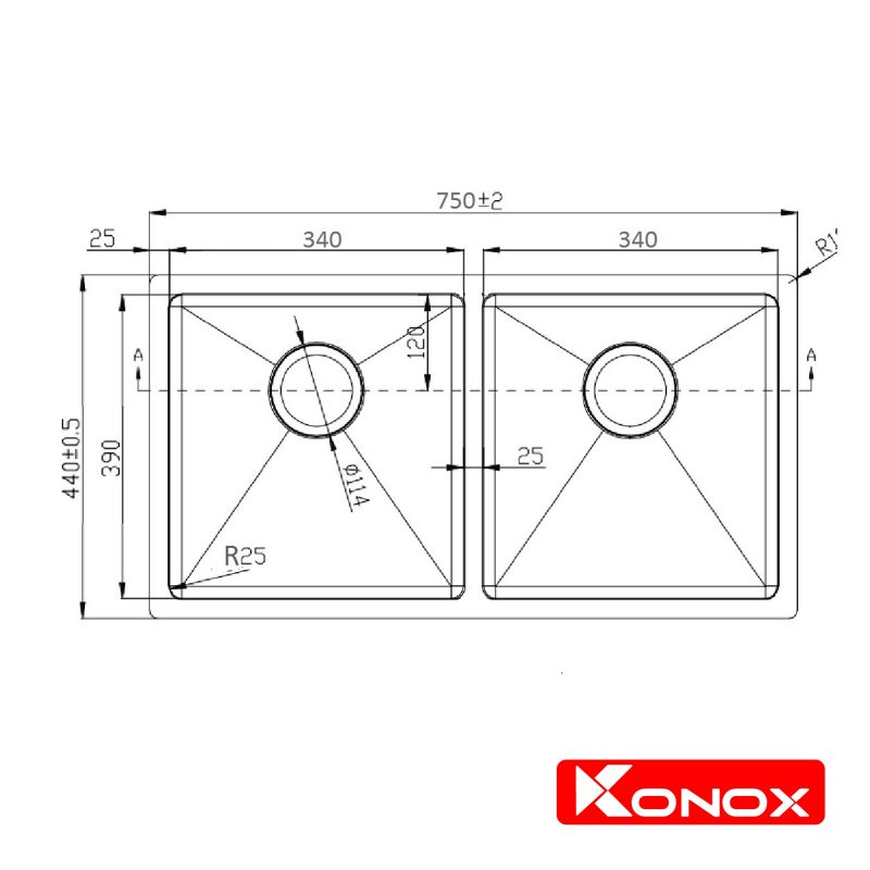 Kích thước chậu rửa bát Konox KN7544DUB