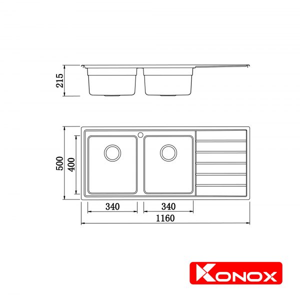Kích thước chậu rửa bát Konox Premium KS11650 2B