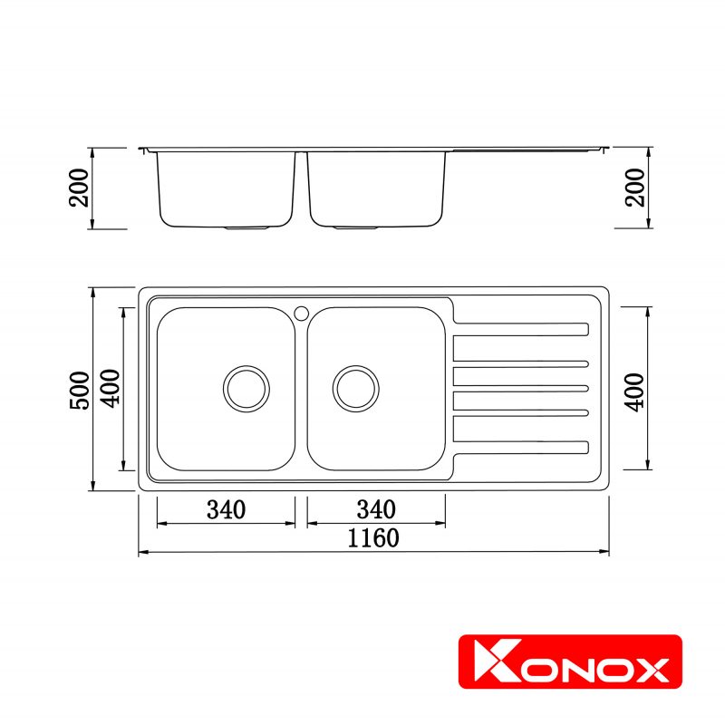 Kích thước chậu rửa bát Konox Artusi KS11650 1D