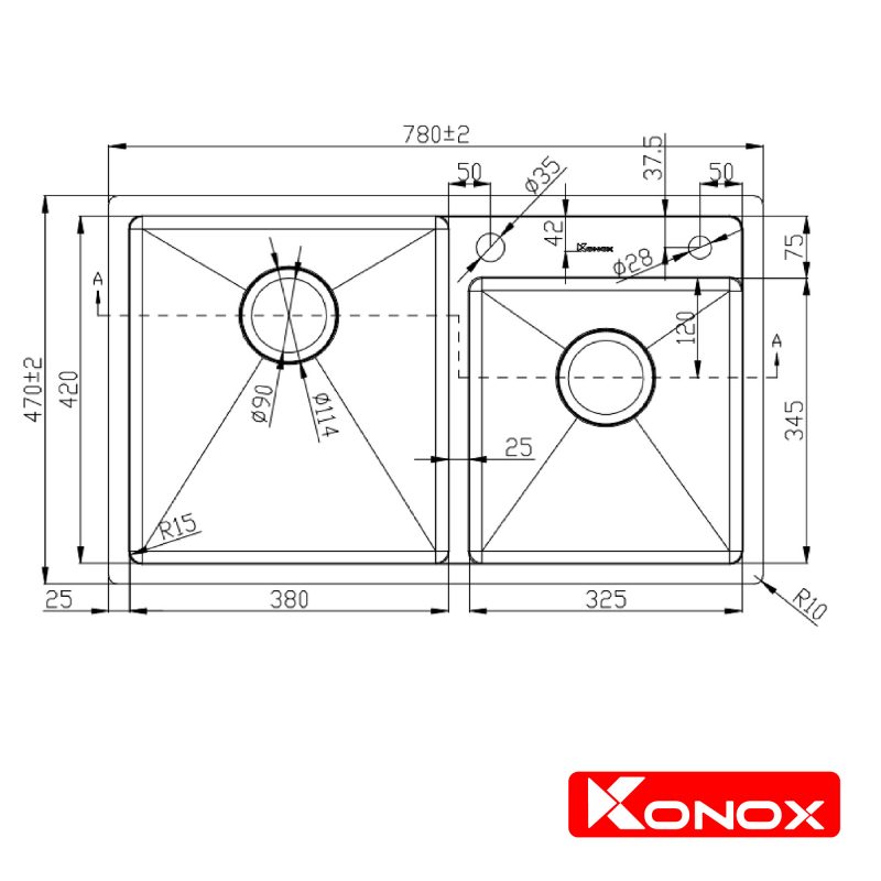 Kích thước chậu rửa bát Konox KN7847DO