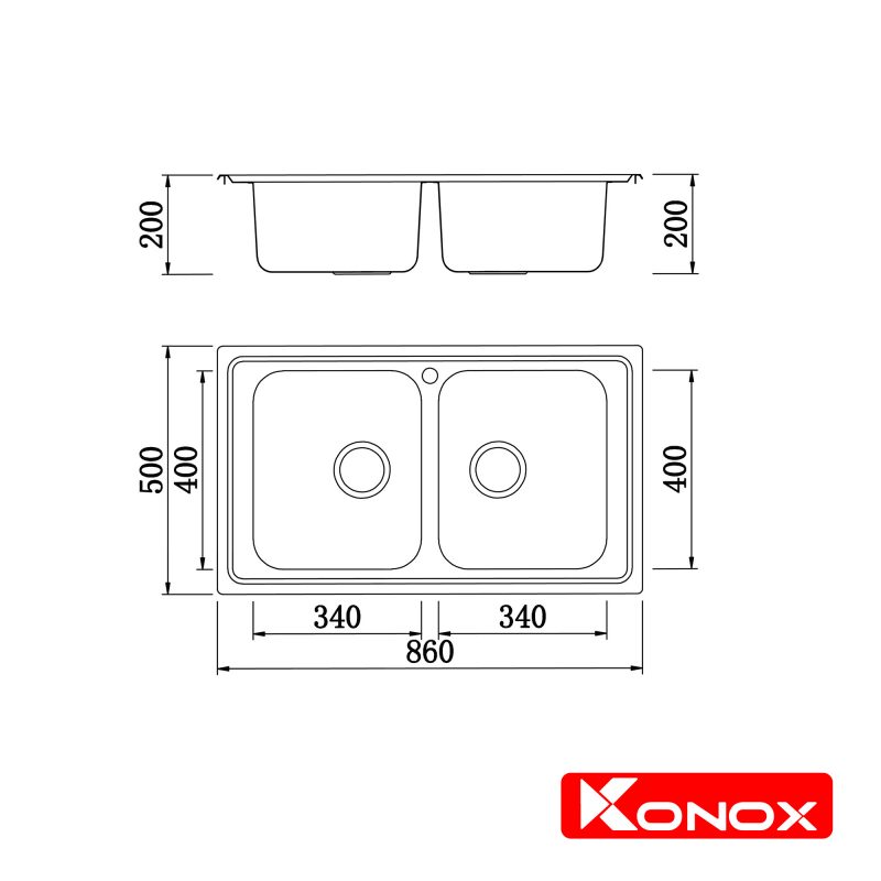 Kích thước chậu rửa bát Konox Premium KS8650 2B