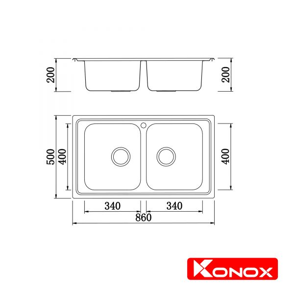 Kích thước chậu rửa bát Konox Premium KS8650 2B